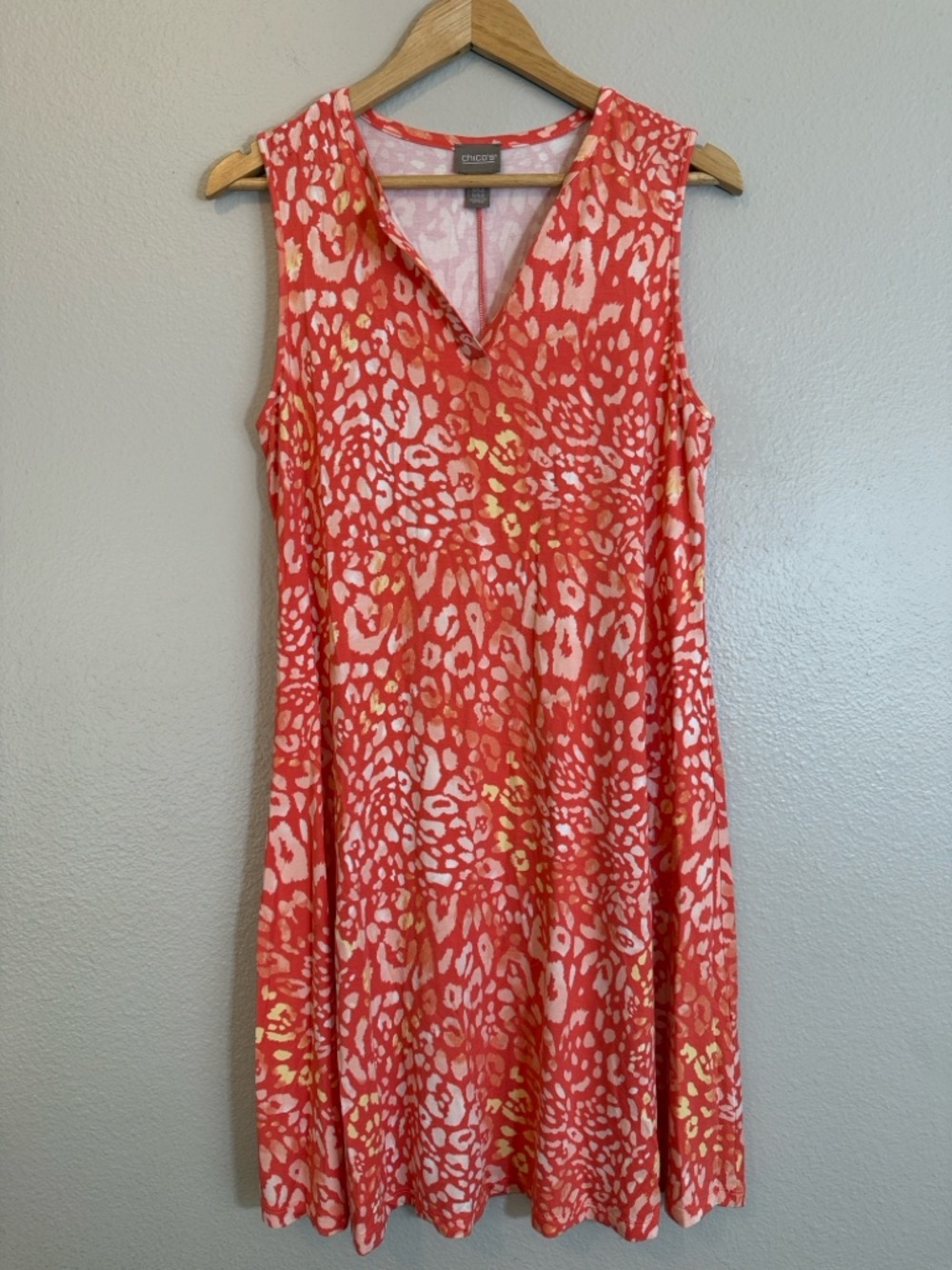 Chico’s Size 1 US M 8/10 Orange Leopard Print Swing Dress Resort NWOT Sleeveless
